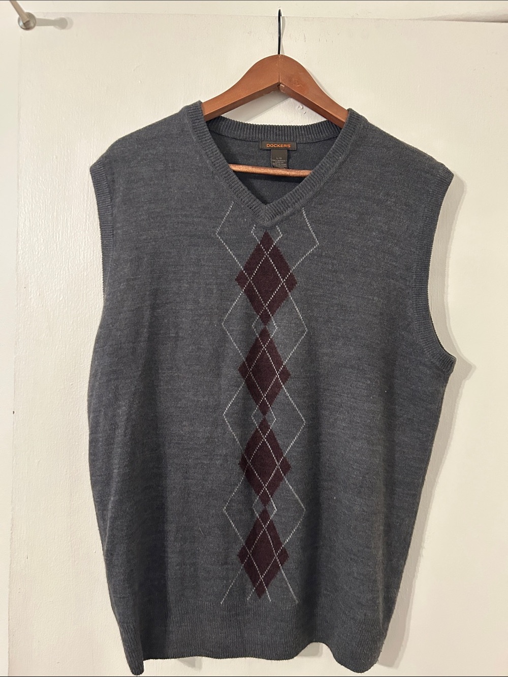 Dockers Gray V-Neck Argyle Sweater Vest with Burgundy Accents